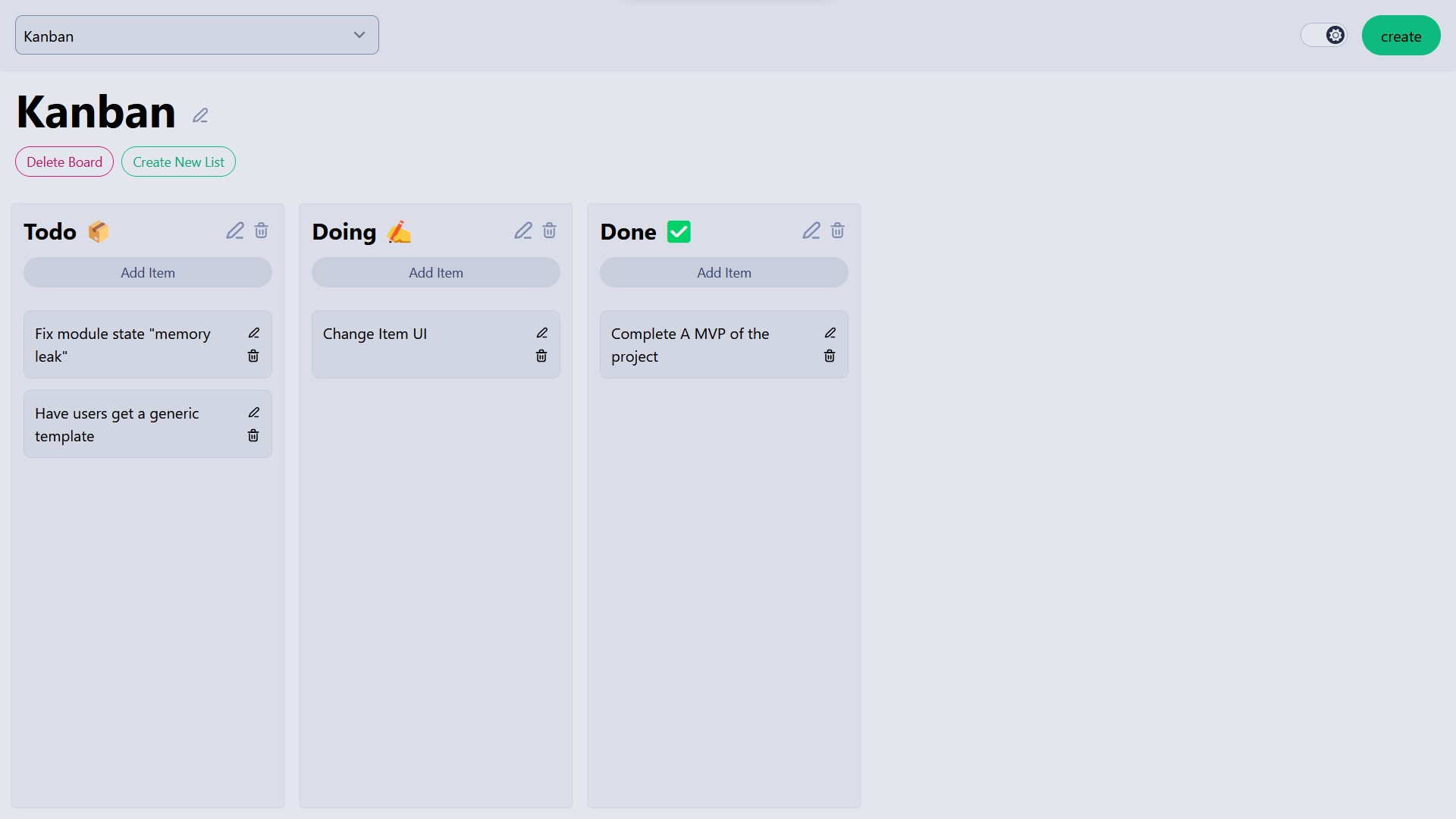 a preview of the kanban web application